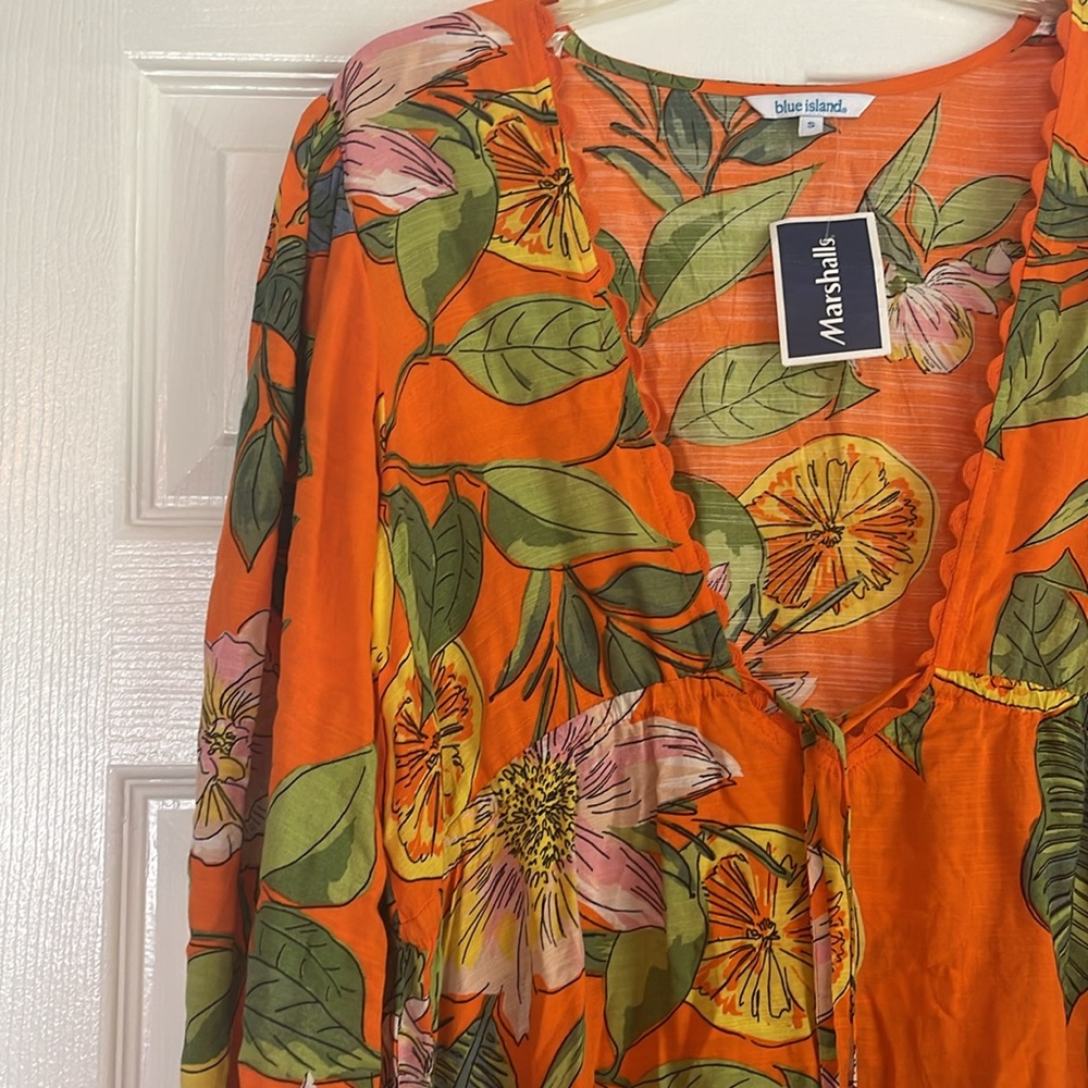 Blue Island Floral Orange and Green Swimsuit Coverup - Picture 2 of 6